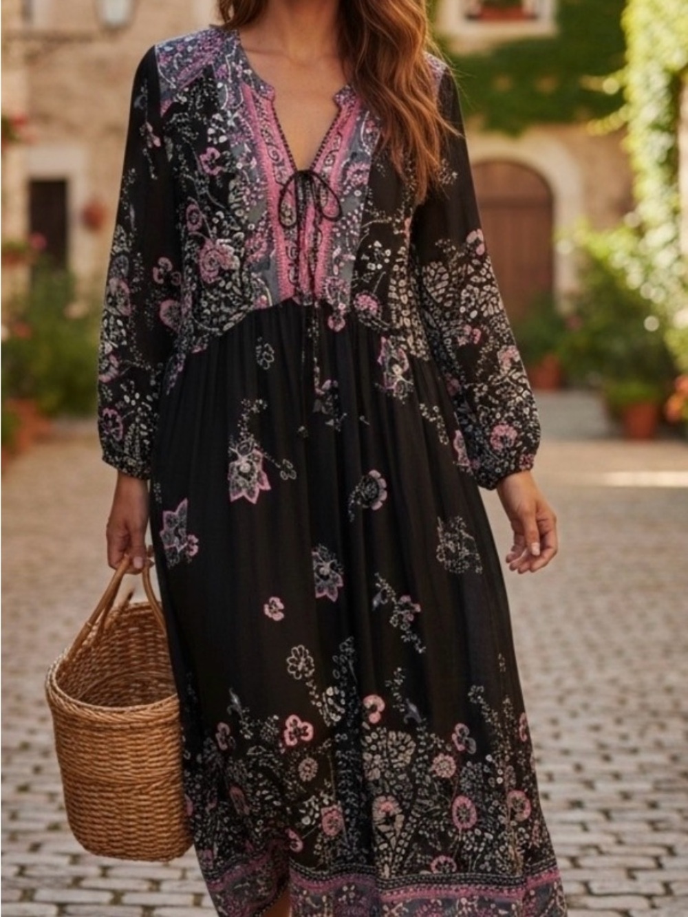 Free People Black Maxi Dress with Pink Floral Print